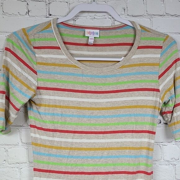 LuLaRoe Julia Dress Knit XXS Tan Striped Midi Knee Length Fitted Comfy Casual - Picture 4 of 9